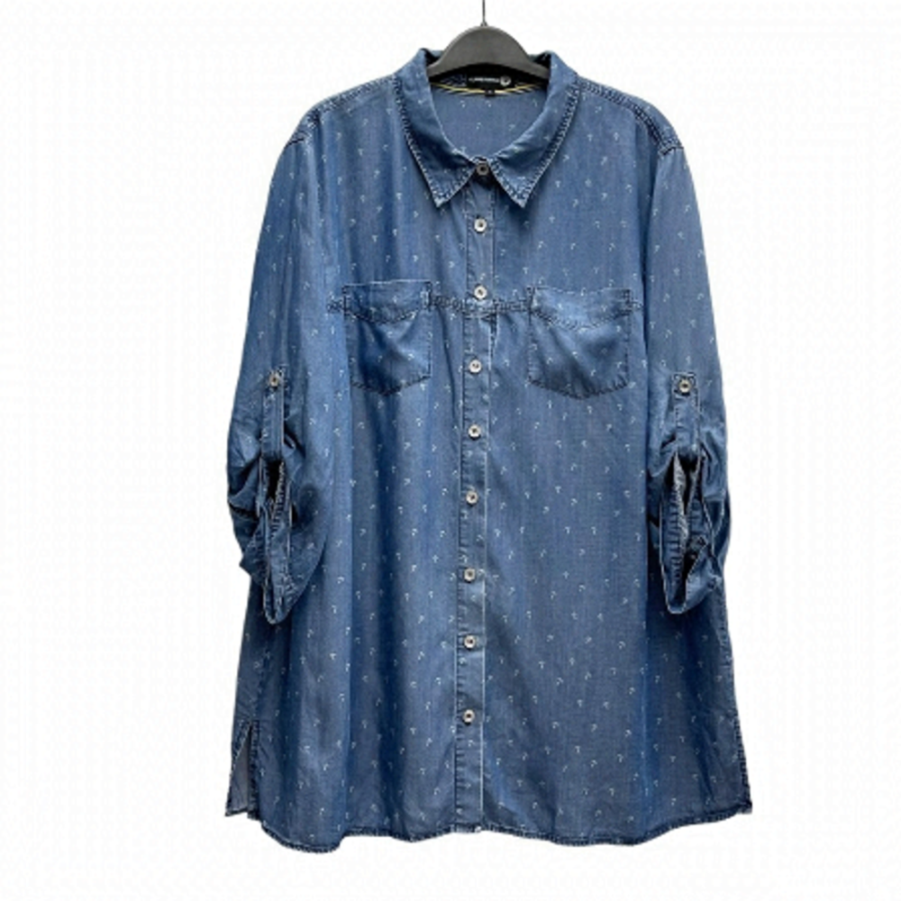 CLAIRE France blue lyocell denim 3/4 sleeves shirt size 18 US anchor pattern